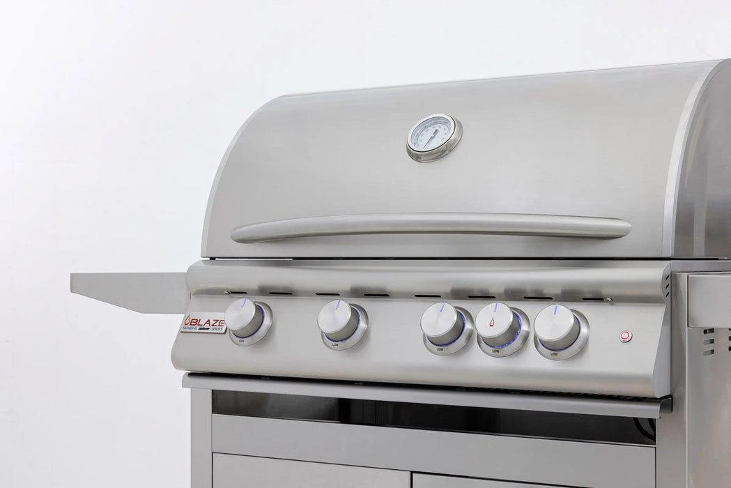 Blaze LTE+ Marine Grade 32" freestanding gas grill, close-up of the hood and control panel with the hood closed