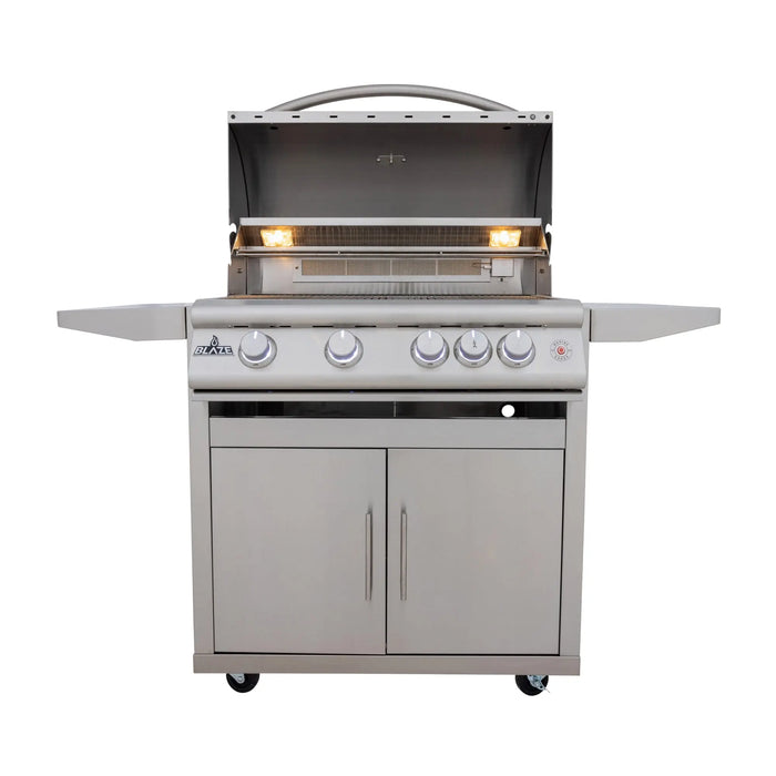 Blaze LTE+ Marine Grade 32" freestanding gas grill on its cart with the hood open and interior lights on