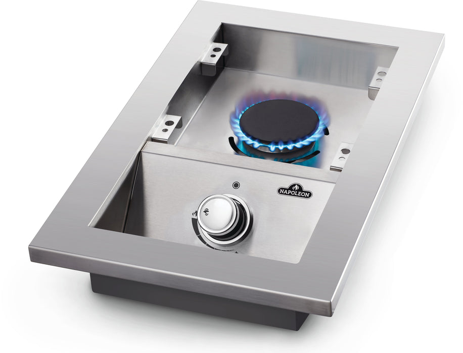 13" Built-in 500 Series Single Range Top Drop-in Burner – with burners, angled view, flame on, view 2