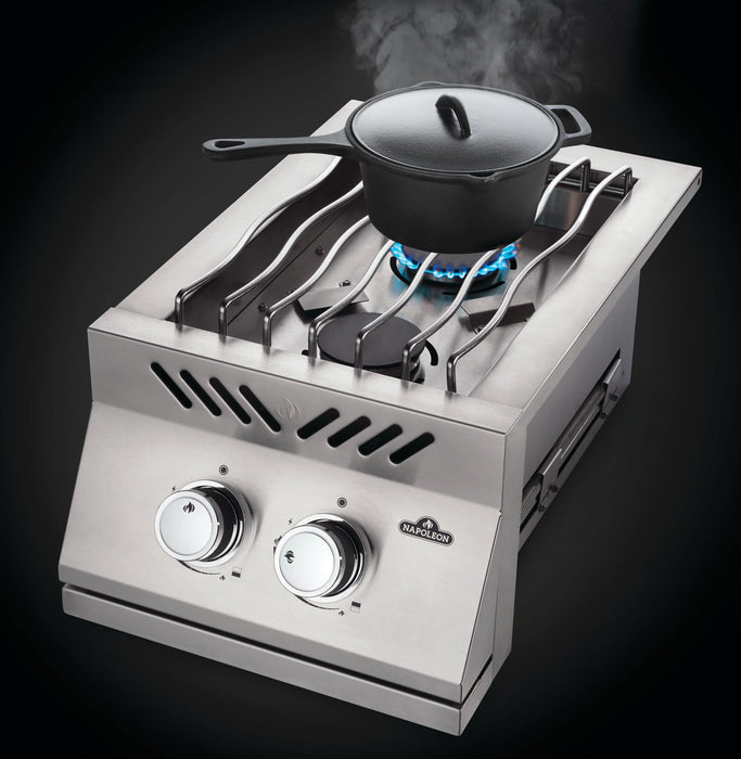 15" Built-in 500 Series Inline Dual Range Top Drop-in Burner with Stainless Steel Cover – with burners, angled view, flame on