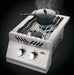 15" Built-in 500 Series Inline Dual Range Top Drop-in Burner with Stainless Steel Cover – with burners, angled view, flame on