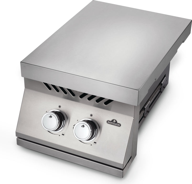 15" Built-in 500 Series Inline Dual Range Top Drop-in Burner with Stainless Steel Cover – with burners, lid closed, angled view