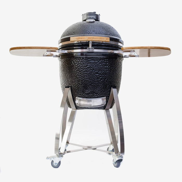 Coyote Asado smoker on the C1CHCS-CT stand with both side shelves up