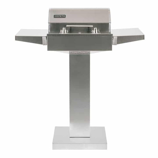Coyote electric grill on the C1ELCT21 pedestal stand, lid closed and shelves up