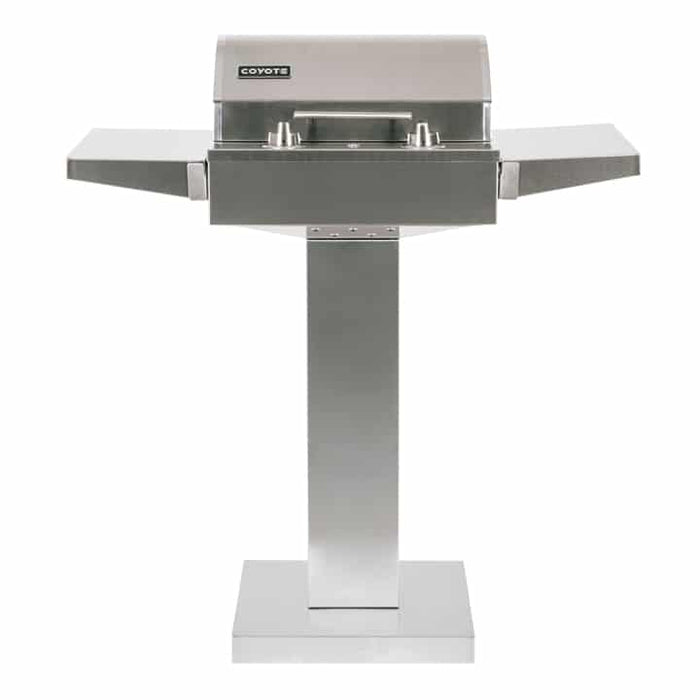Coyote electric grill on the C1ELCT21 pedestal stand, lid closed and shelves up