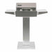 Coyote electric grill on the C1ELCT21 pedestal stand, lid closed and shelves up