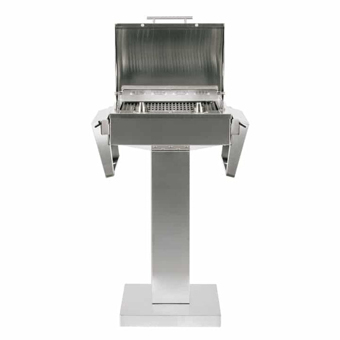 Coyote C1ELCT21 pedestal with the grill lid open and both side shelves folded down