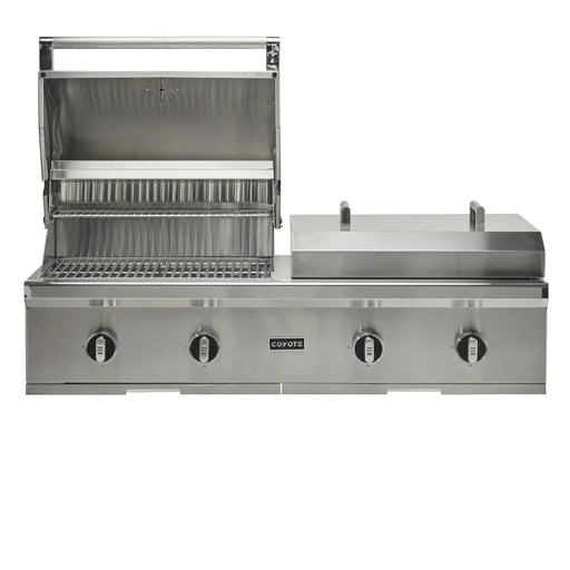 Coyote C3CO50 grill hood open over the grates and warming rack, flat top lid closed