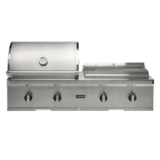 Coyote C3CO50 50" combo grill, front view with grill hood closed and flat top uncovered