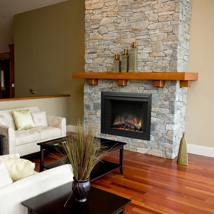 Dimplex Deluxe 39" Built-in Electric Firebox - installed in a stacked-stone fireplace with a wood mantel in a living room