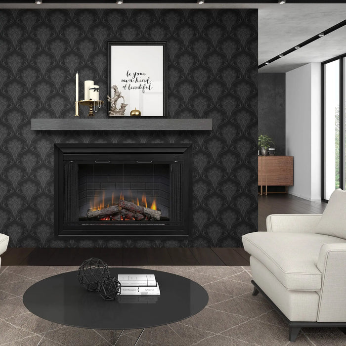 Dimplex Deluxe 45" Built-in Electric Firebox - installed in a dark surround with a gray mantel in a living room