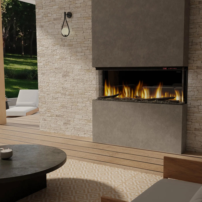 Dimplex Ignite Bold 50" Linear Electric Fireplace - corner installation in a stone wall on a covered patio