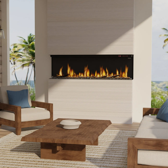 Dimplex Ignite Bold 60" Linear Electric Fireplace - installed in a covered patio wall above a seating area