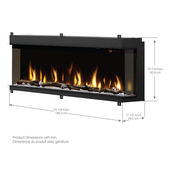 Dimplex Ignite Bold 74" Linear Electric Fireplace - dimensions drawing with width, height and depth