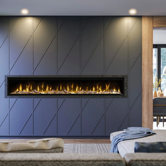 Dimplex Ignite Evolve 100" Linear Electric Fireplace - installed flush in a navy paneled wall