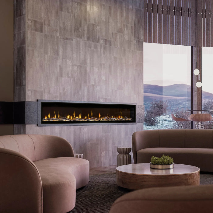 Dimplex Ignite Evolve 100" Linear Electric Fireplace - installed in a tiled wall in a lounge with curved sofas