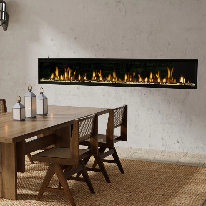Dimplex Ignite Evolve 100" Linear Electric Fireplace - installed in a patio wall above an outdoor dining table