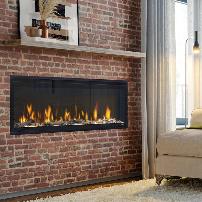 Dimplex Ignite Evolve 50" Linear Electric Fireplace - installed in a red brick wall below a white shelf