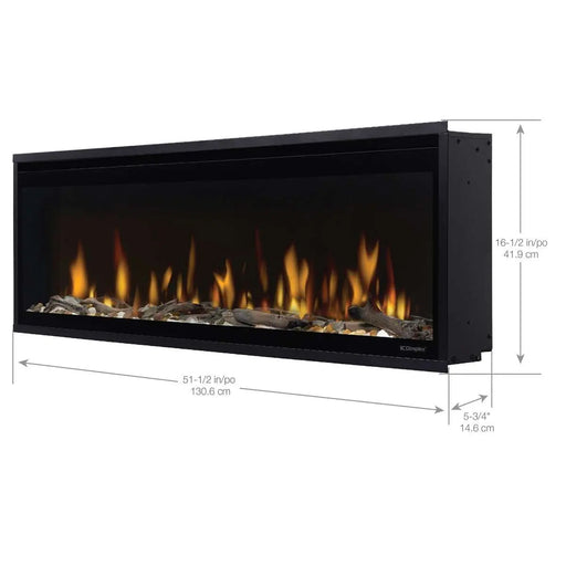 Dimplex Ignite Evolve 50" Linear Electric Fireplace - angled view with dimensions