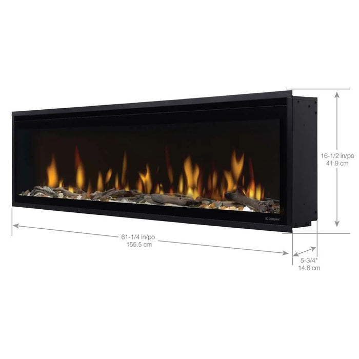 Dimplex Ignite Evolve linear electric fireplace, angled view with dimensions