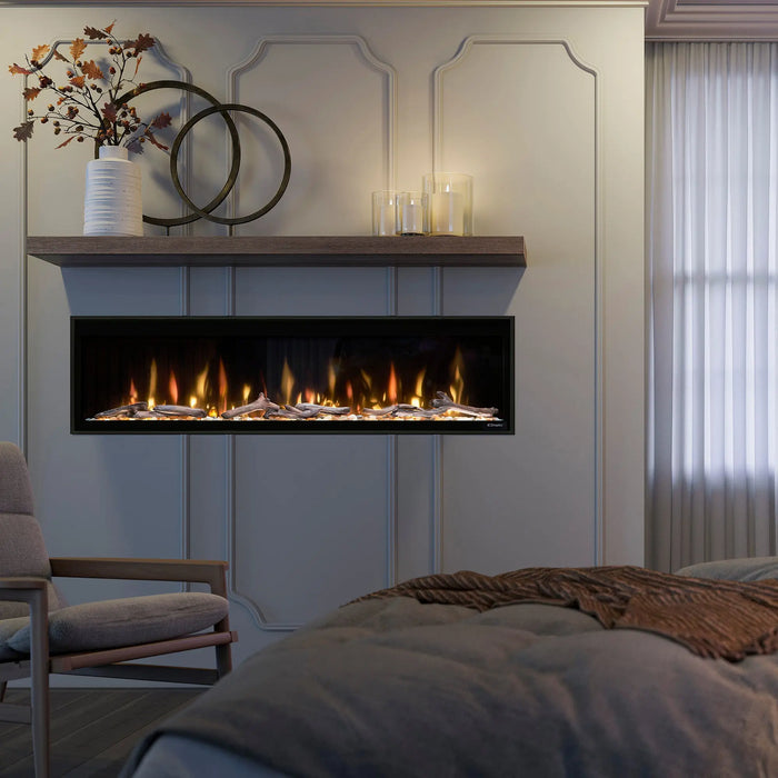 Dimplex Ignite Evolve 60" Linear Electric Fireplace - installed below a wood mantel shelf in a paneled bedroom wall