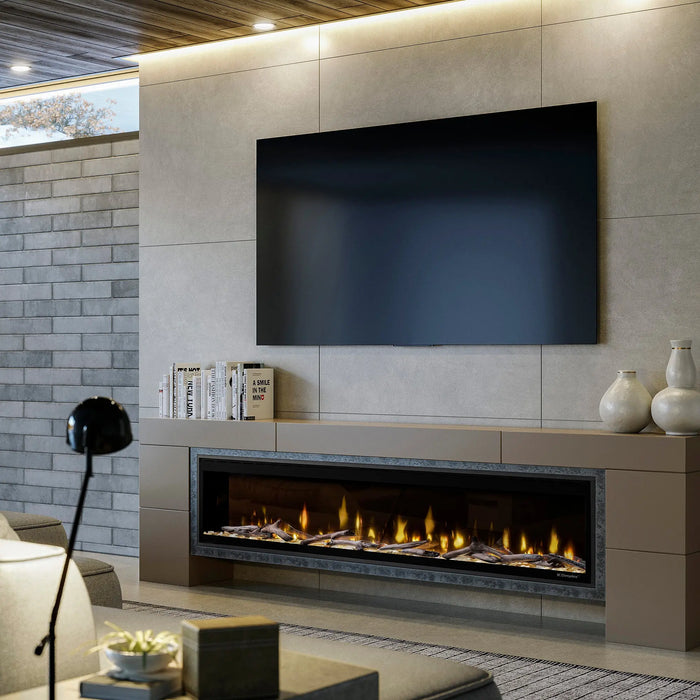 Dimplex Ignite Evolve 74" Linear Electric Fireplace - installed in a media console below a wall-mounted TV