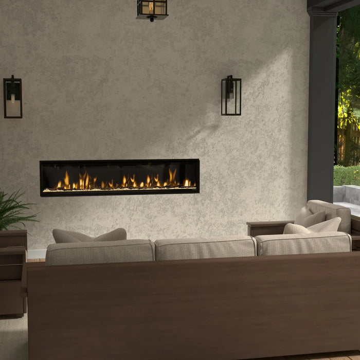 Dimplex Ignite Evolve 74" Linear Electric Fireplace - installed in a stucco wall on a covered patio