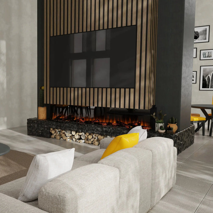 Dimplex Ignite Ultra 100" Built-in Linear Electric Fireplace - bay installation above a firewood niche below a wall-mounted TV