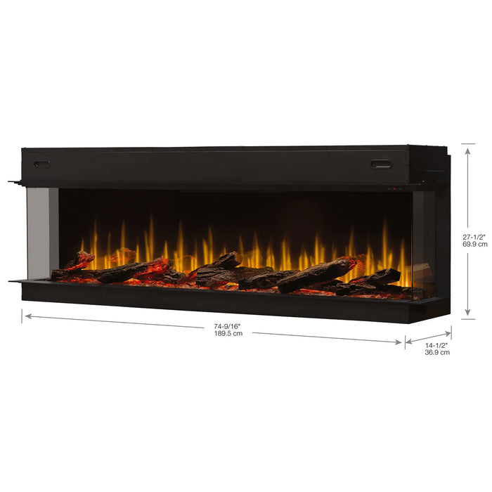 Dimplex Ignite Ultra 74" Built-in Linear Electric Fireplace - dimensions drawing with width, height and depth
