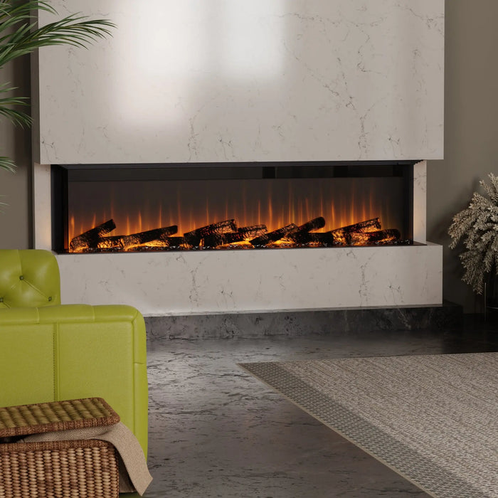 Dimplex Ignite Ultra 74" Built-in Linear Electric Fireplace - corner installation in a white quartz wall