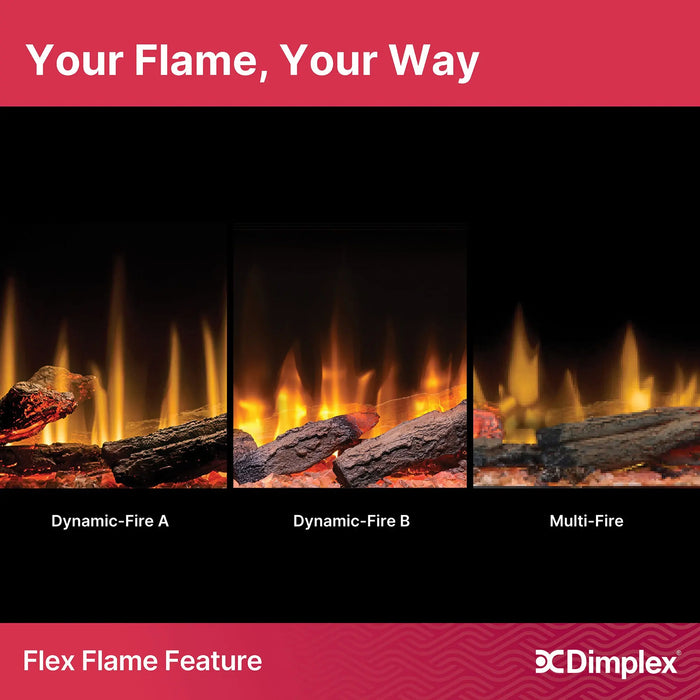 Dimplex Ignite Ultra Built-in Linear Electric Fireplace - Flex-Flame infographic showing Dynamic-Fire A, Dynamic-Fire B and Multi-Fire flame options