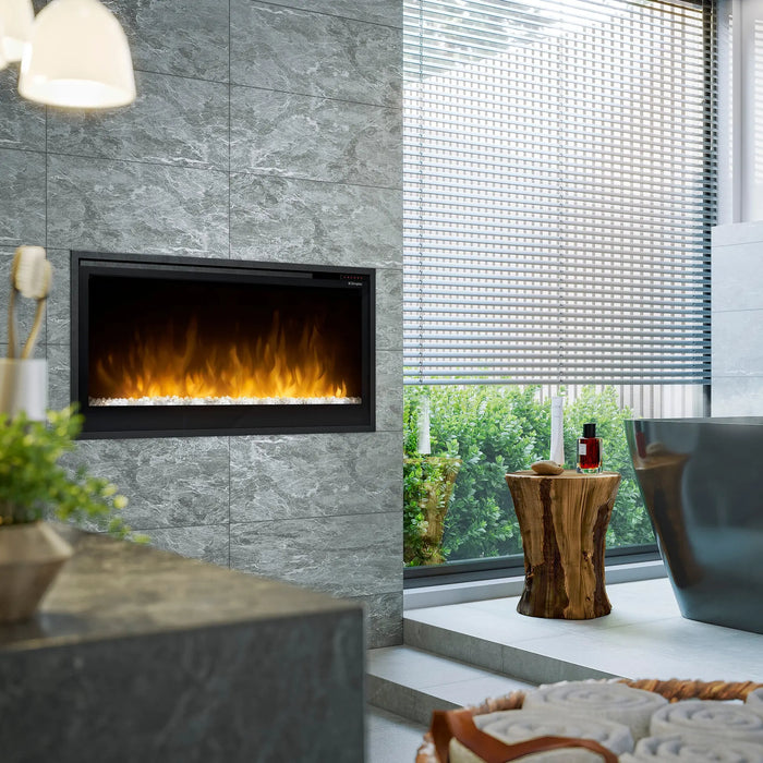Dimplex Multi-Fire 36" Slim Linear Electric Fireplace - installed in a gray stone tile wall beside a window