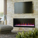 Dimplex Multi-Fire 50" Slim Linear Electric Fireplace - installed in a stone tile wall below a TV, multicolor flame