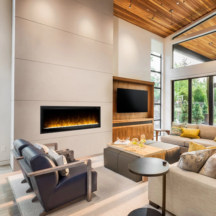 Dimplex Multi-Fire 60" Slim Linear Electric Fireplace - installed in a tall plaster wall in a living room with a wood ceiling