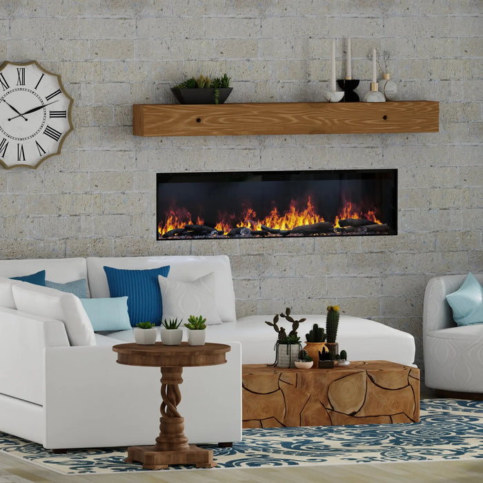 Dimplex Opti-Myst 66" Linear Electric Fireplace - installed in a whitewashed brick wall below a wood mantel shelf