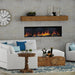 Dimplex Opti-Myst 66" Linear Electric Fireplace - installed in a whitewashed brick wall below a wood mantel shelf