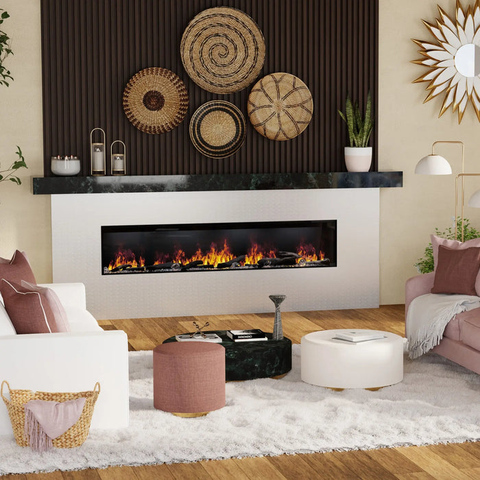 Dimplex Opti-Myst 86" Linear Electric Fireplace - installed in a white surround with a black mantel in a living room