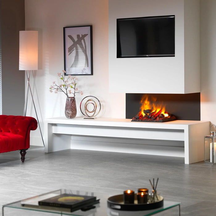 Dimplex Opti-Myst Pro 500 Electric Fireplace Cassette - installed in a white corner fireplace with a bench hearth