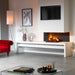 Dimplex Opti-Myst Pro 500 Electric Fireplace Cassette - installed in a white corner fireplace with a bench hearth