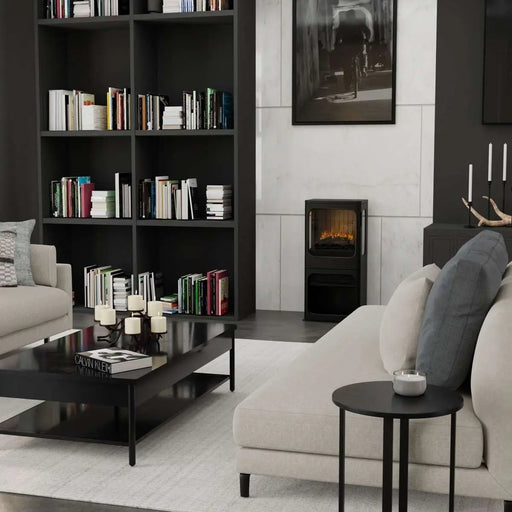Dimplex Optimyst Mapleton Electric Stove MPT-LS-AM - in a living room beside bookshelves