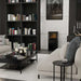 Dimplex Optimyst Mapleton Electric Stove MPT-LS-AM - in a living room beside bookshelves