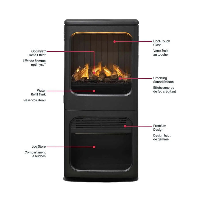 Dimplex Optimyst Mapleton Electric Stove MPT-LS-AM - feature callout diagram in English and French