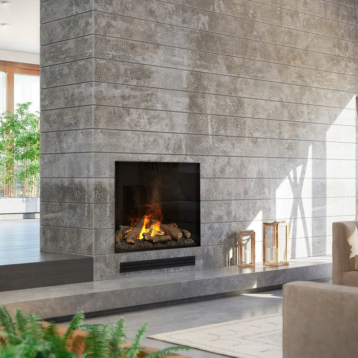 Dimplex Optimyst e-MatriX 35" Electric Firebox, Front-Facing FEF3226L1 - installed in a gray stone tile chimney wall