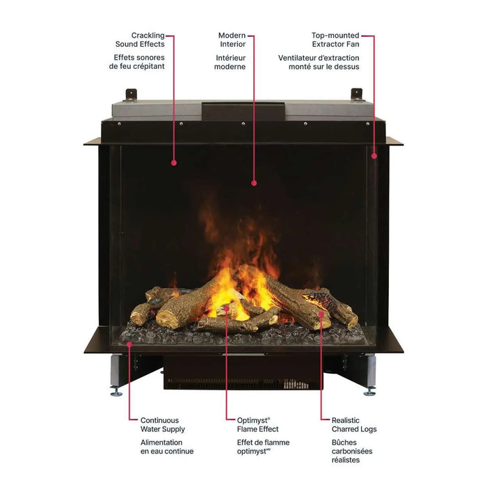 Dimplex Optimyst e-MatriX 37" Electric Firebox, Left-Facing FEF3226L2L - feature callout diagram in English and French
