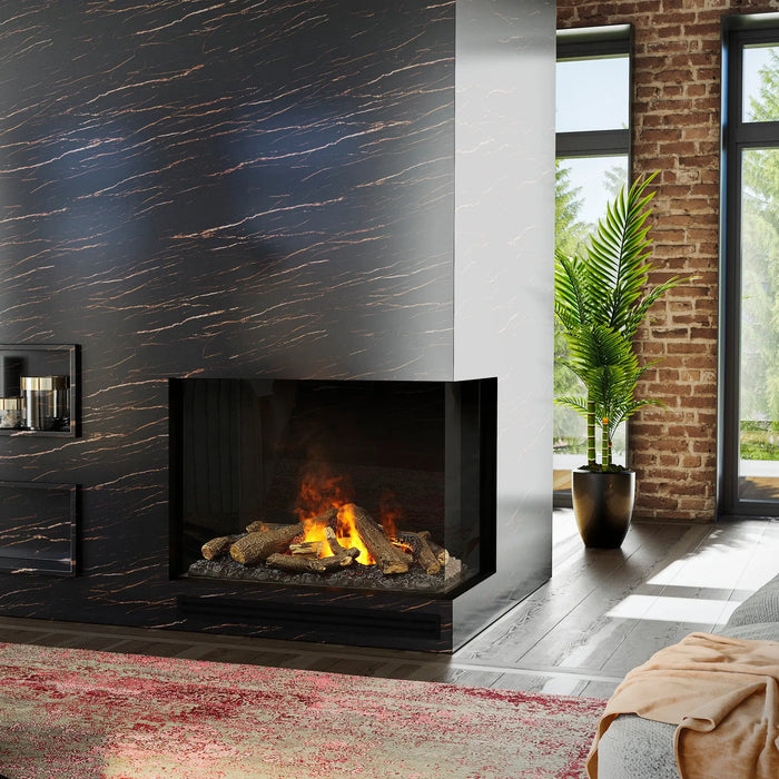 Dimplex Optimyst e-MatriX 37" Electric Firebox, Right-Facing FEF3226L2R - corner installation in a dark marble wall