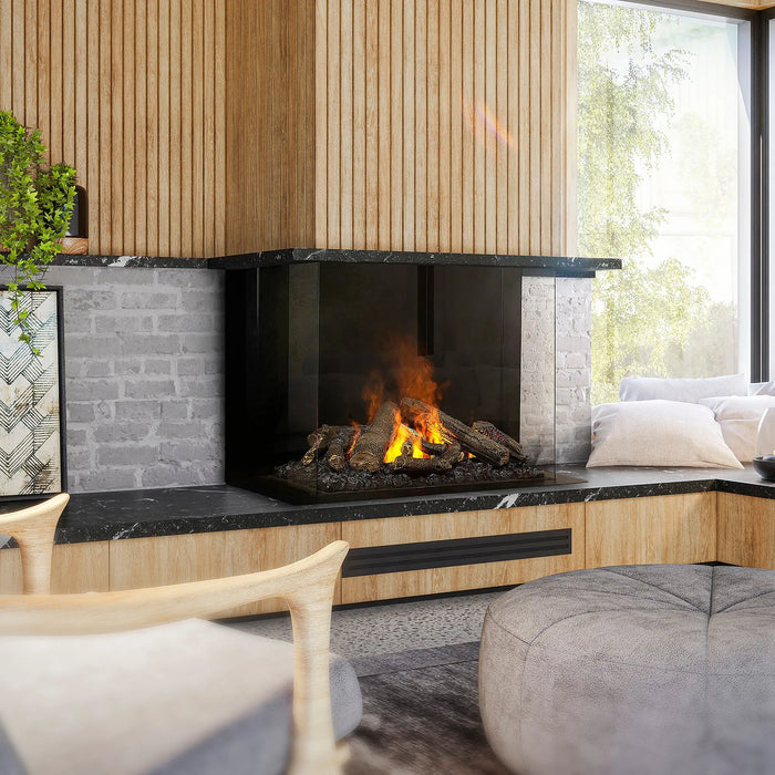 Dimplex Optimyst e-MatriX 39" Electric Firebox, Three-Sided Bay FEF3226L3 - three-sided installation in a wall with wood slats and gray brick