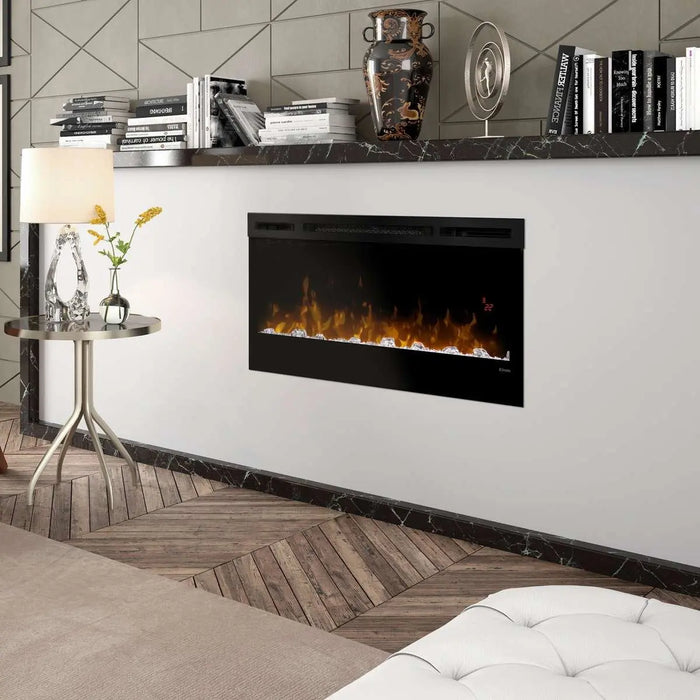 Dimplex Prism Linear Electric Fireplace - wall mounted on a white wall above a console