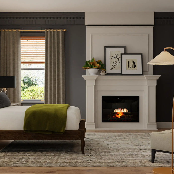 Dimplex Revillusion Built-In Electric Firebox, Black - installed in a white mantel surround in a bedroom
