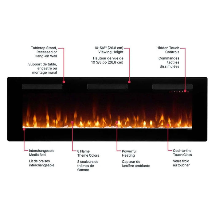 Dimplex Sierra Linear Electric Fireplace - feature callout diagram in English and French