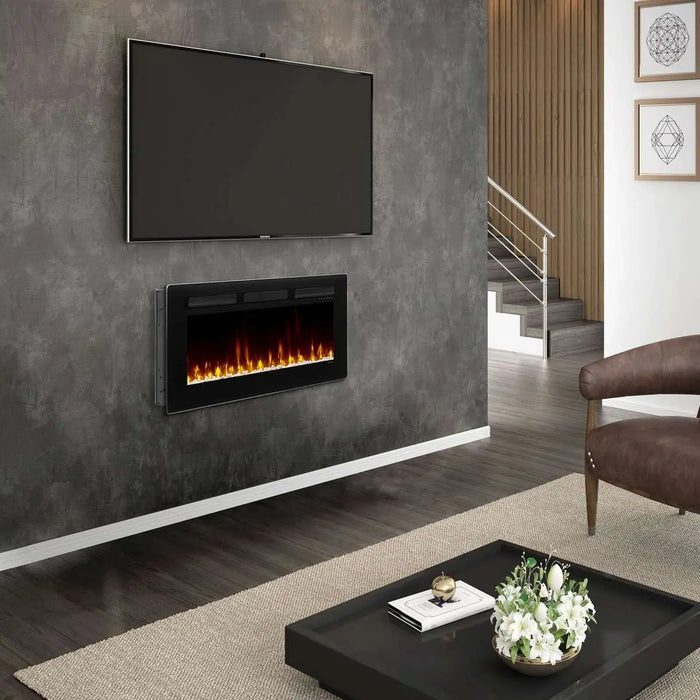 Dimplex Sierra Linear Electric Fireplace - wall mounted below a TV on a concrete wall